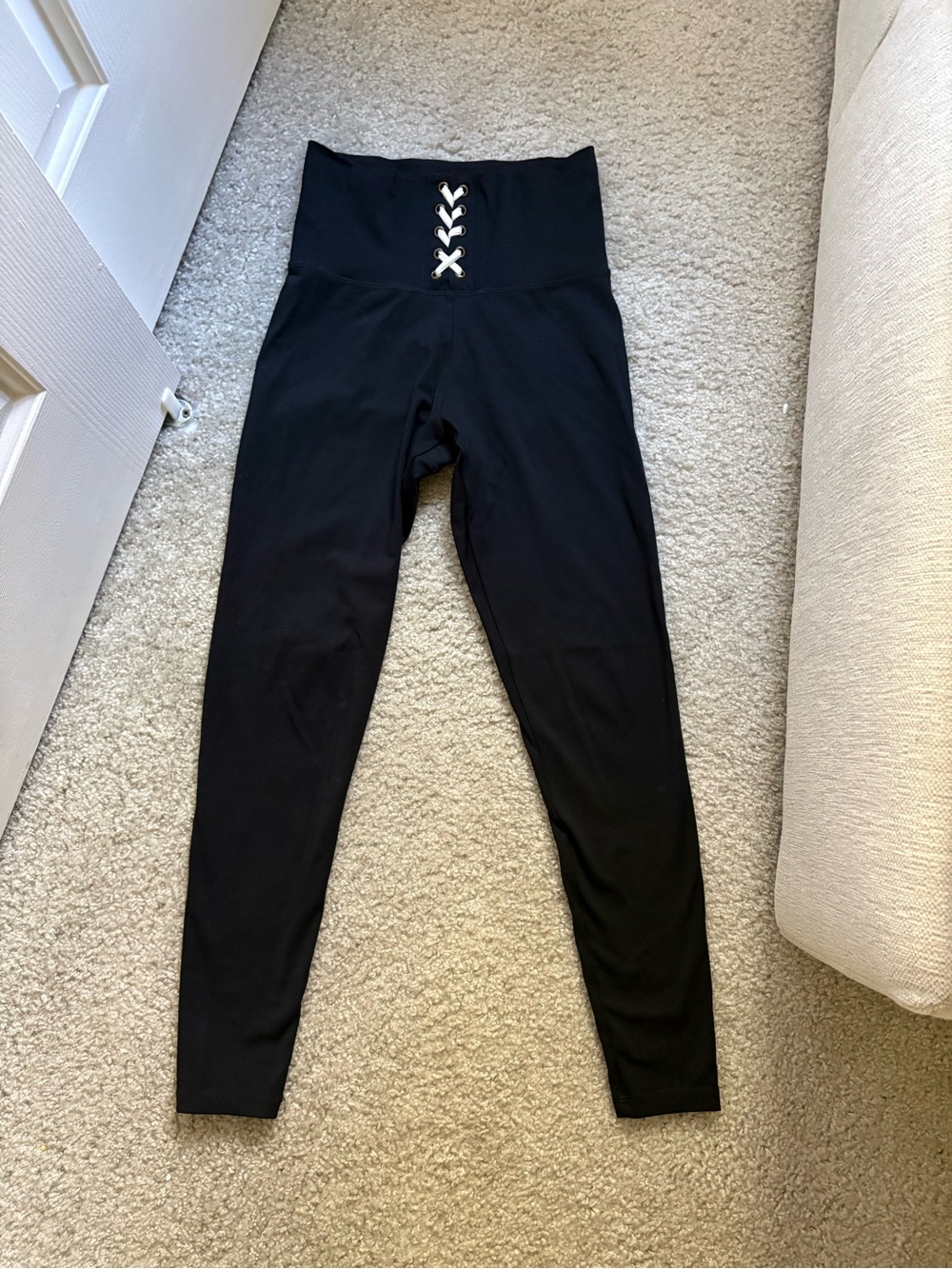 High-Waist Black Leggings with Front Lace-Up Detail